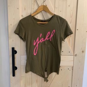 EXPRESS || Army Green / Pink “Y’all” Front Tie Comfy Tee